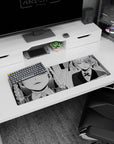32x12 inches anime mouse pad showing a sharp-eyed braided girl in a suit, close-up then full pose.