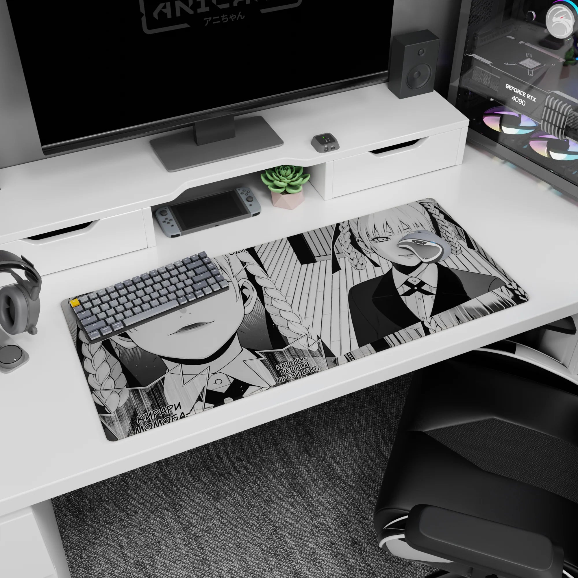 36x16 inches anime desk pad showing sharp-eyed girl in braids, close-up panel plus full pose smirk.