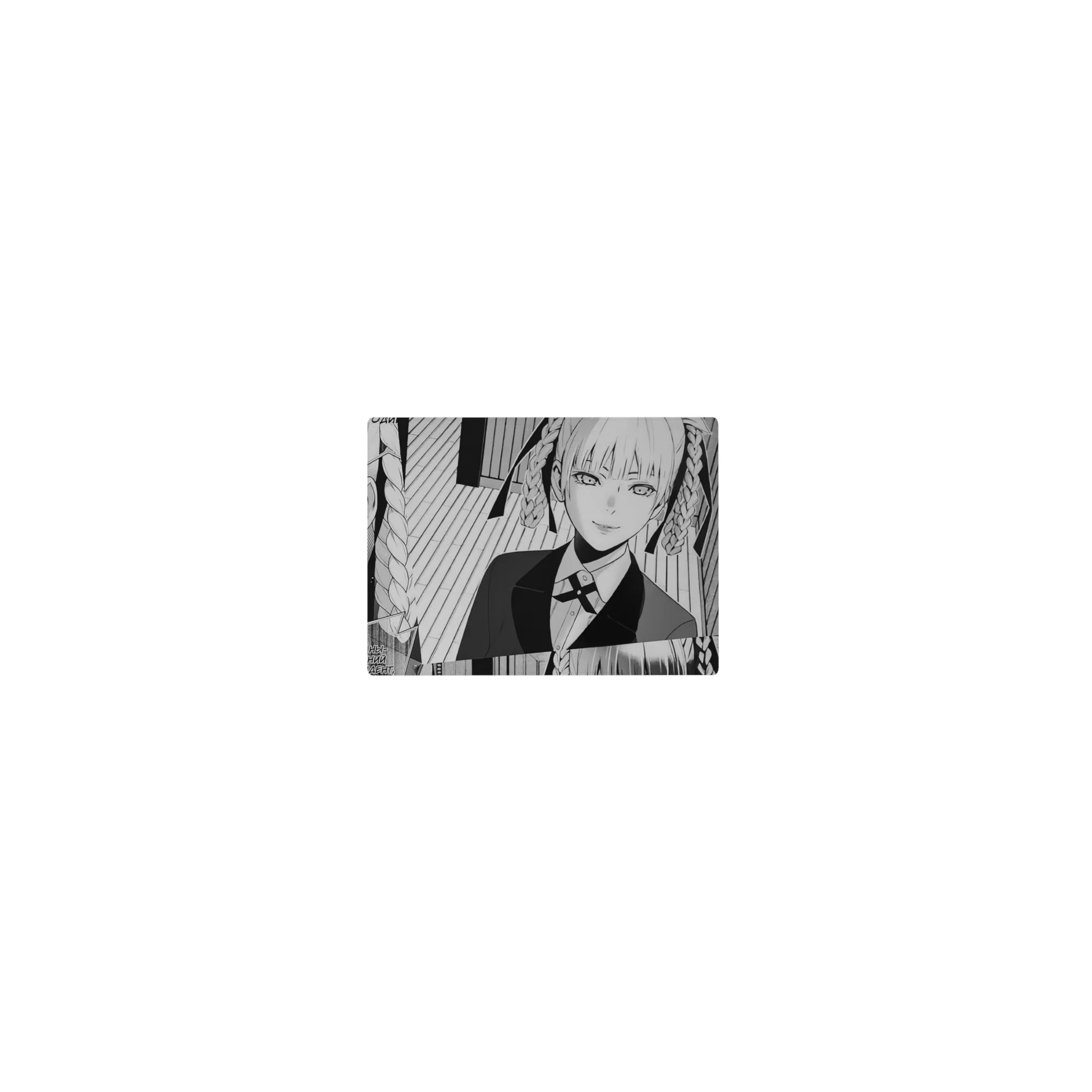 14x10 inches classic anime girl mouse pad with twin-braid heroine, suit and tie, clean manga panel layout.