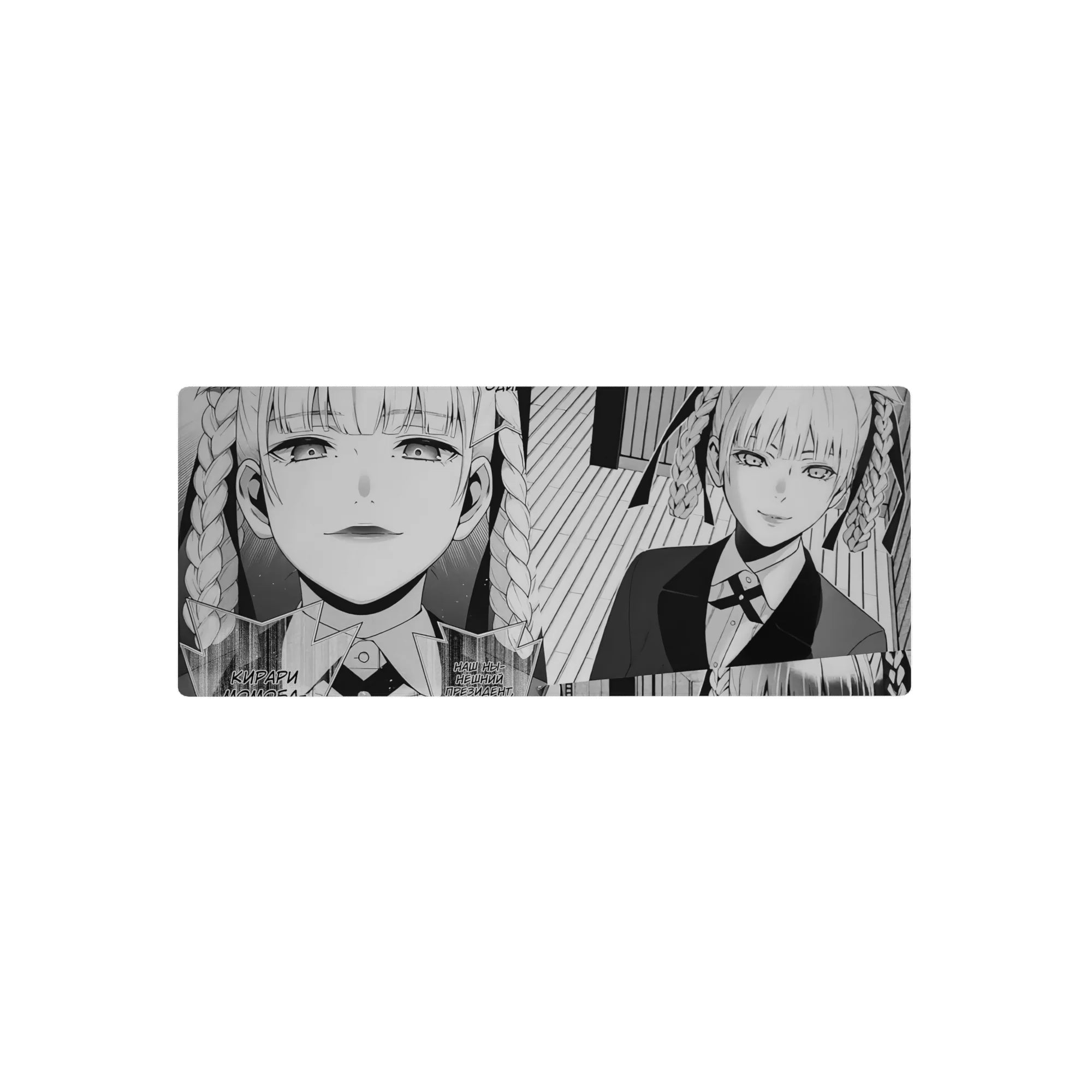 28x12 inches anime girl mouse pad with black-and-white manga panels, suit-and-tie twin-braid character.
