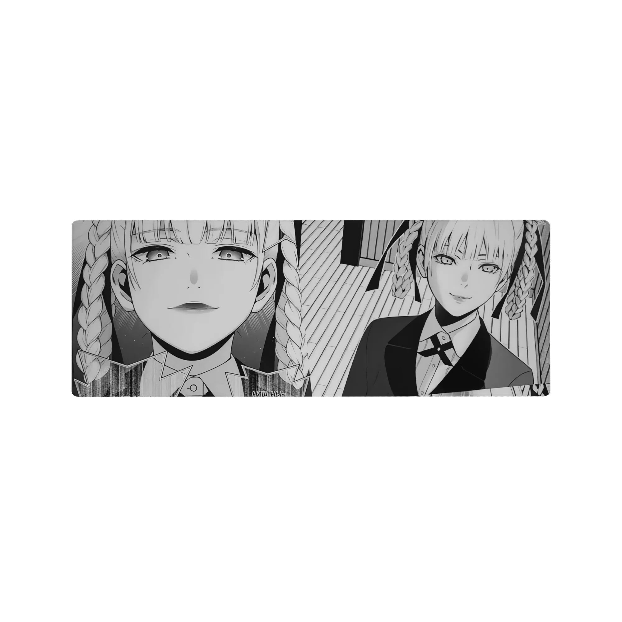 32x12 inches anime girl mouse pad with black-and-white manga panels, twin braids, suit and tie.