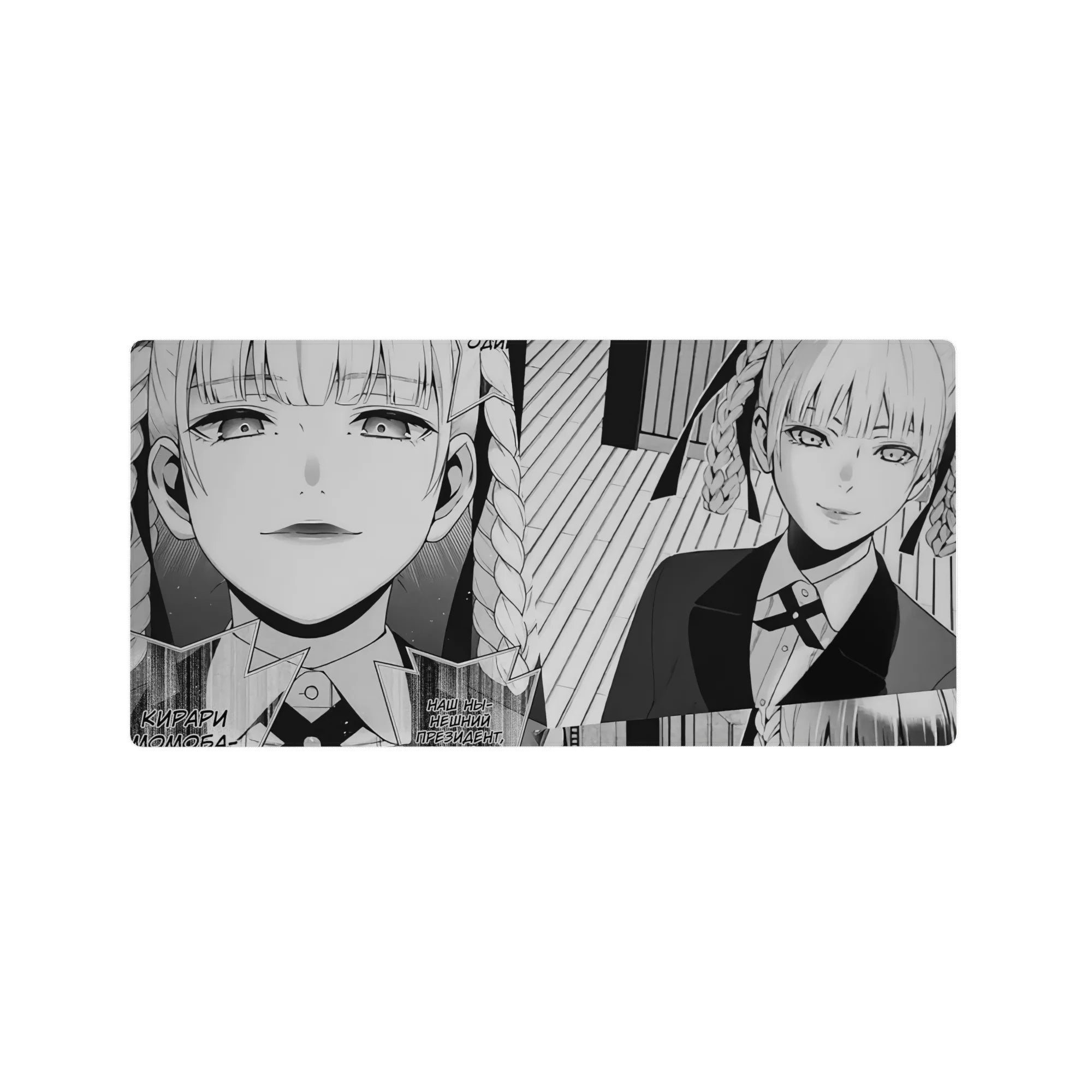 Black-and-white manga style anime girl mouse pad, twin braids, suit and tie, 32x16 inches.