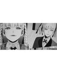 36x16 inches anime girl desk pad with twin-braid character, suit and tie, two-panel manga layout.