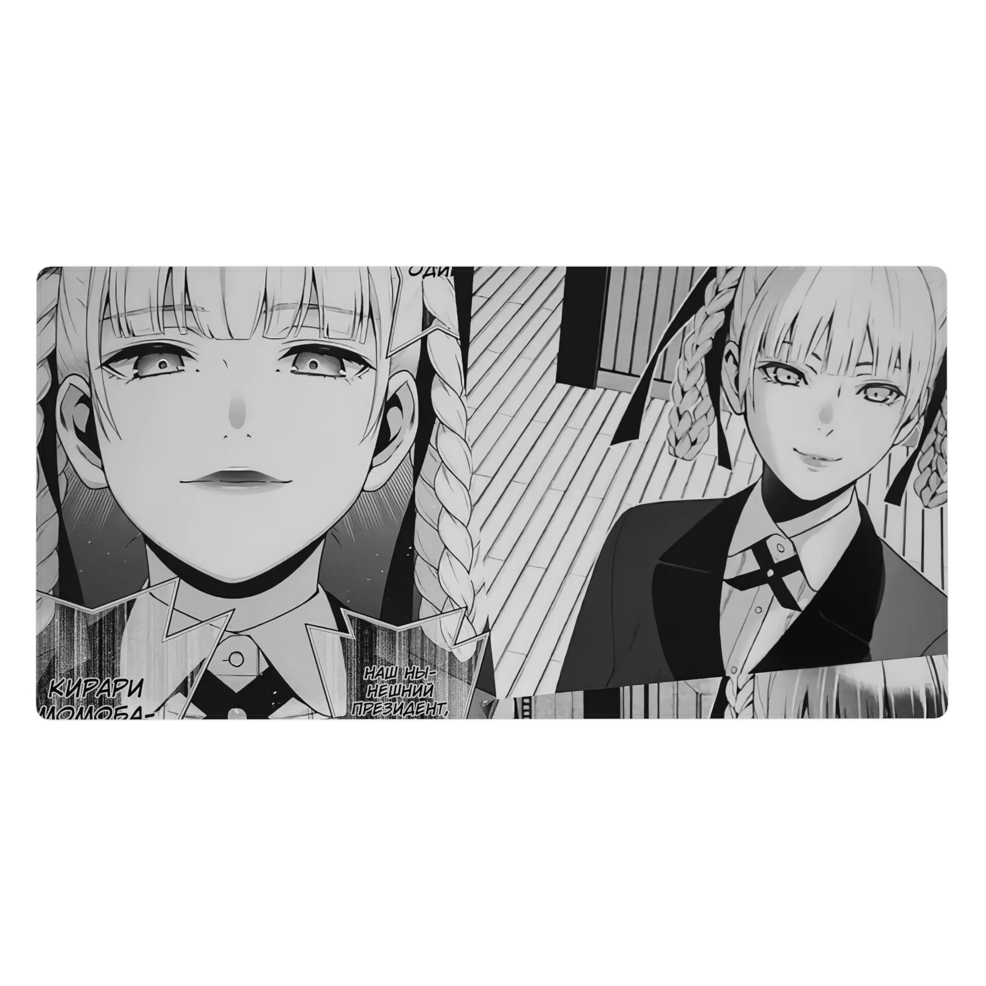 Black-and-white manga anime girl desk pad, twin braids, suit and tie, 40x20 inches.