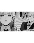 Black-and-white manga anime girl desk pad, twin braids, suit and tie, 40x20 inches.