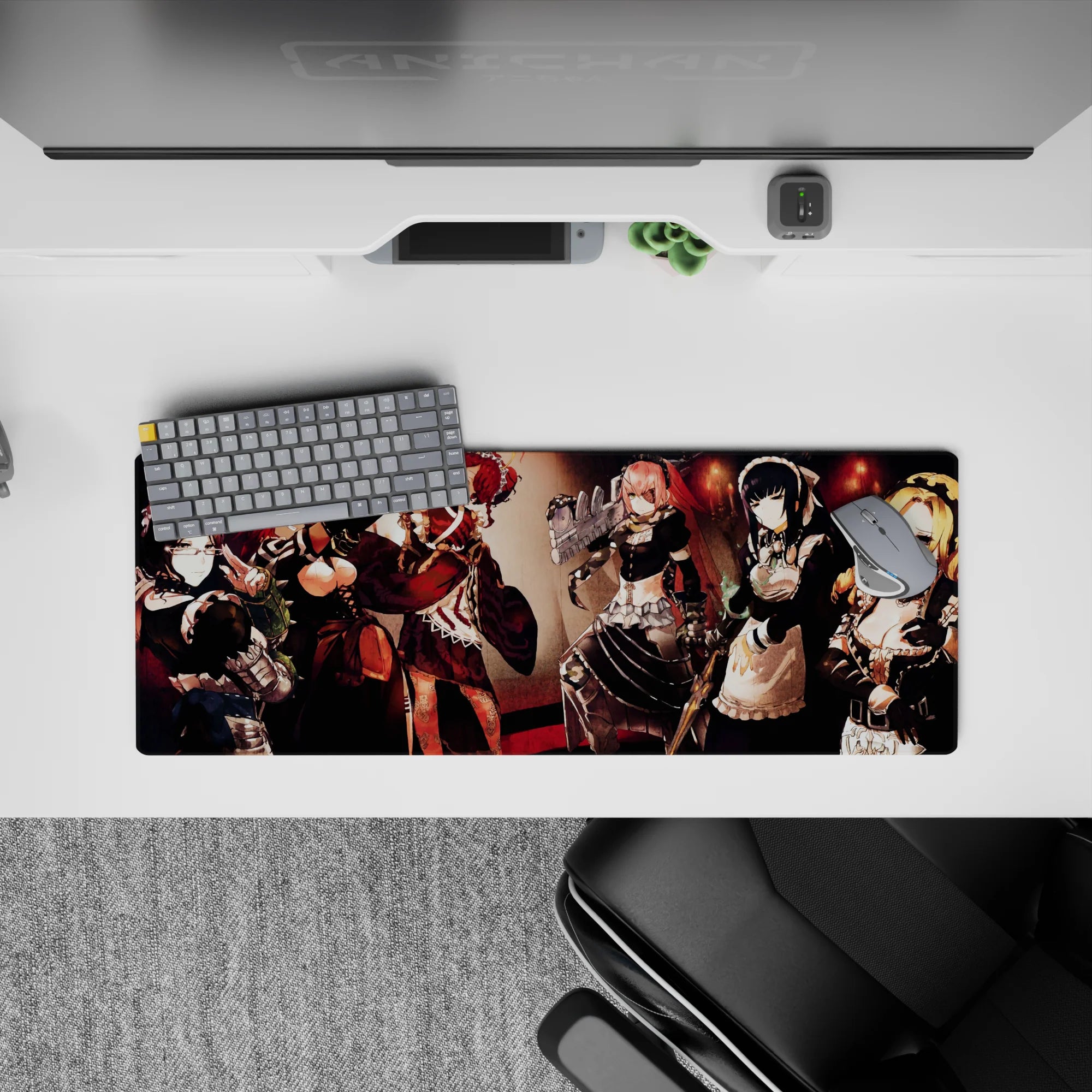 Anime mouse pad 32x12 inches with Pleiades combat maids from Overlord, featuring muted reds and armor glints for a fierce look.