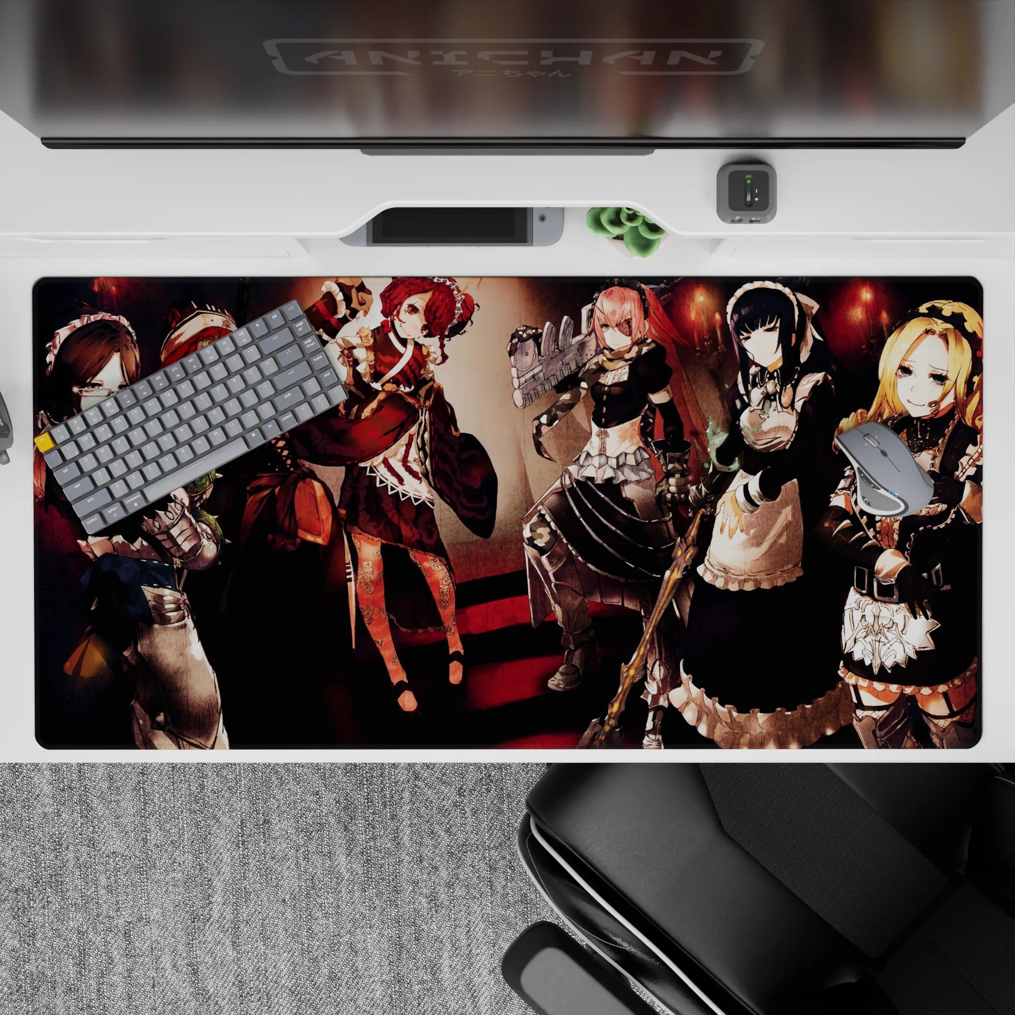 Anime mouse pad featuring Pleiades combat maids from Overlord, 40x20 inches, showcasing fierce style and deadly elegance.