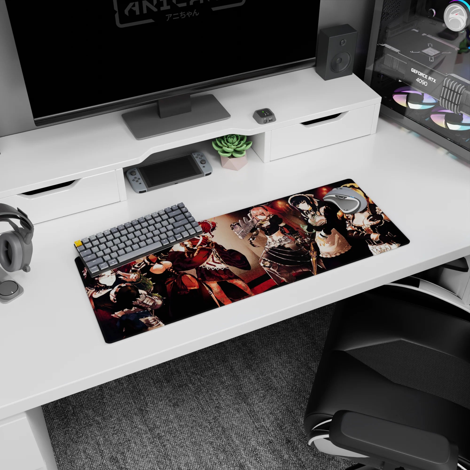 Anime mouse pad featuring Pleiades combat maids from Overlord, 32x12 inches, showcasing muted reds and fierce style.