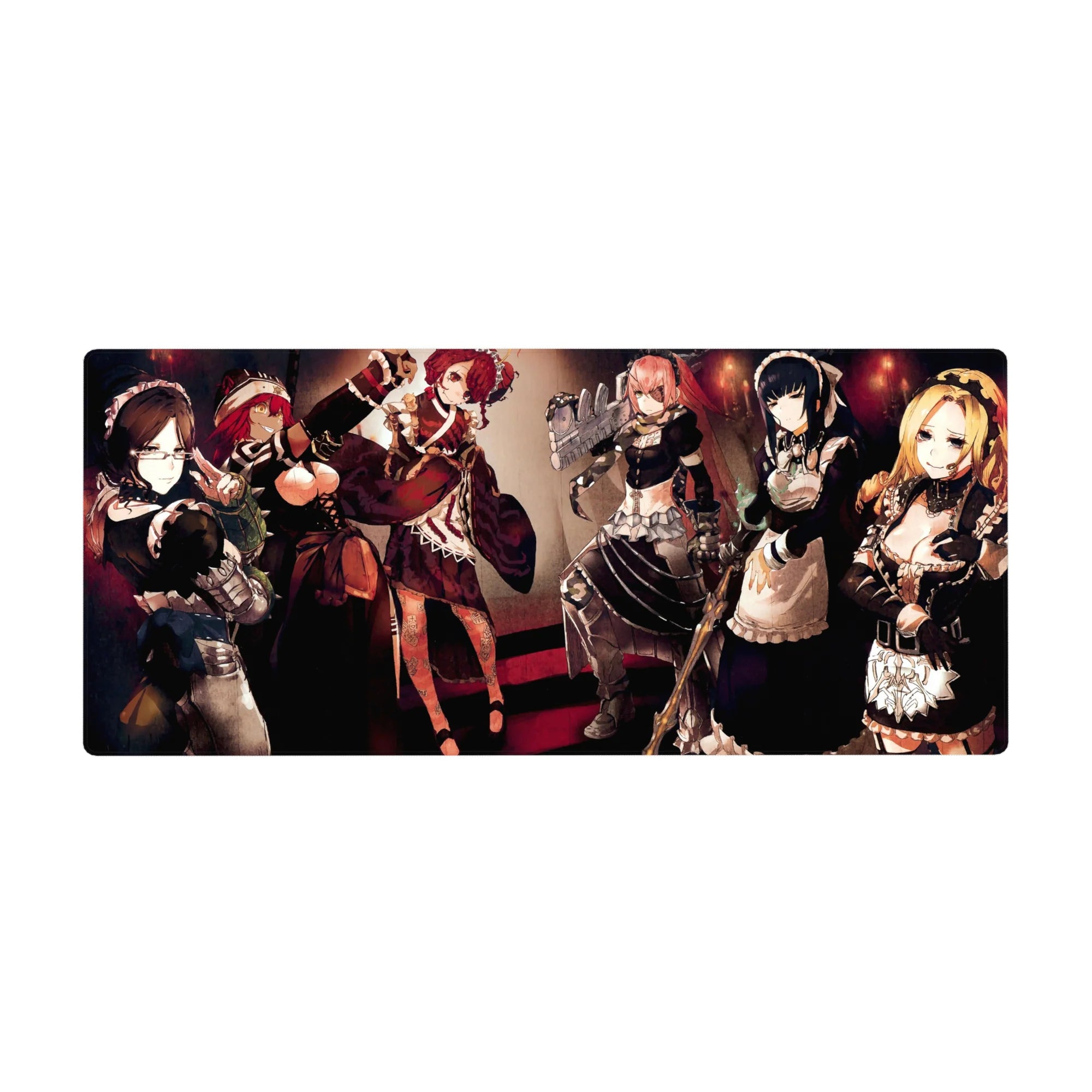 Anime desk pad 36x16 inches featuring Pleiades combat maids from Overlord, showcasing vivid characters in muted reds and shadows.