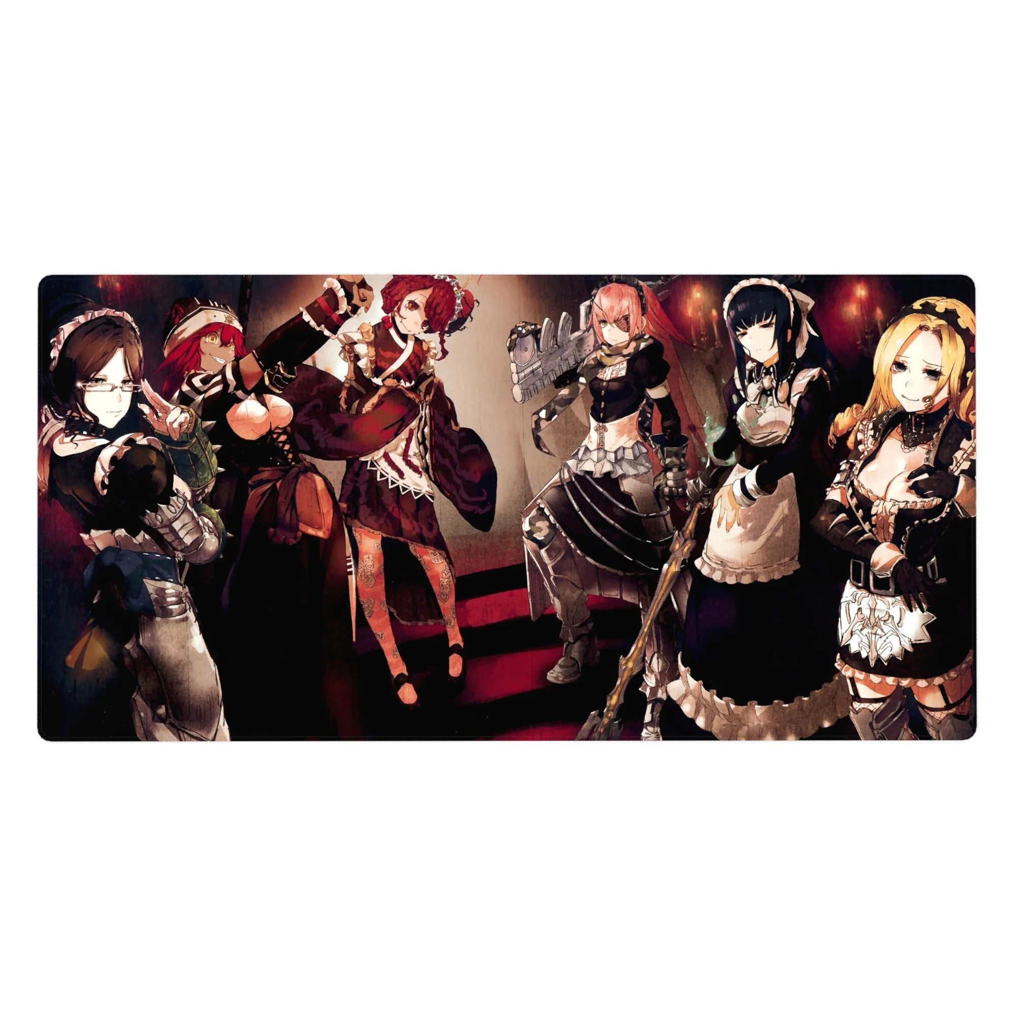 Overlord Pleiades combat maids 40x20 inch anime desk pad, featuring a mix of elegance and berserk energy in muted reds.