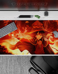 Megumin anime desk pad 40x20 inches from KonoSuba with fiery eyes and magic pose, ready for explosive action.