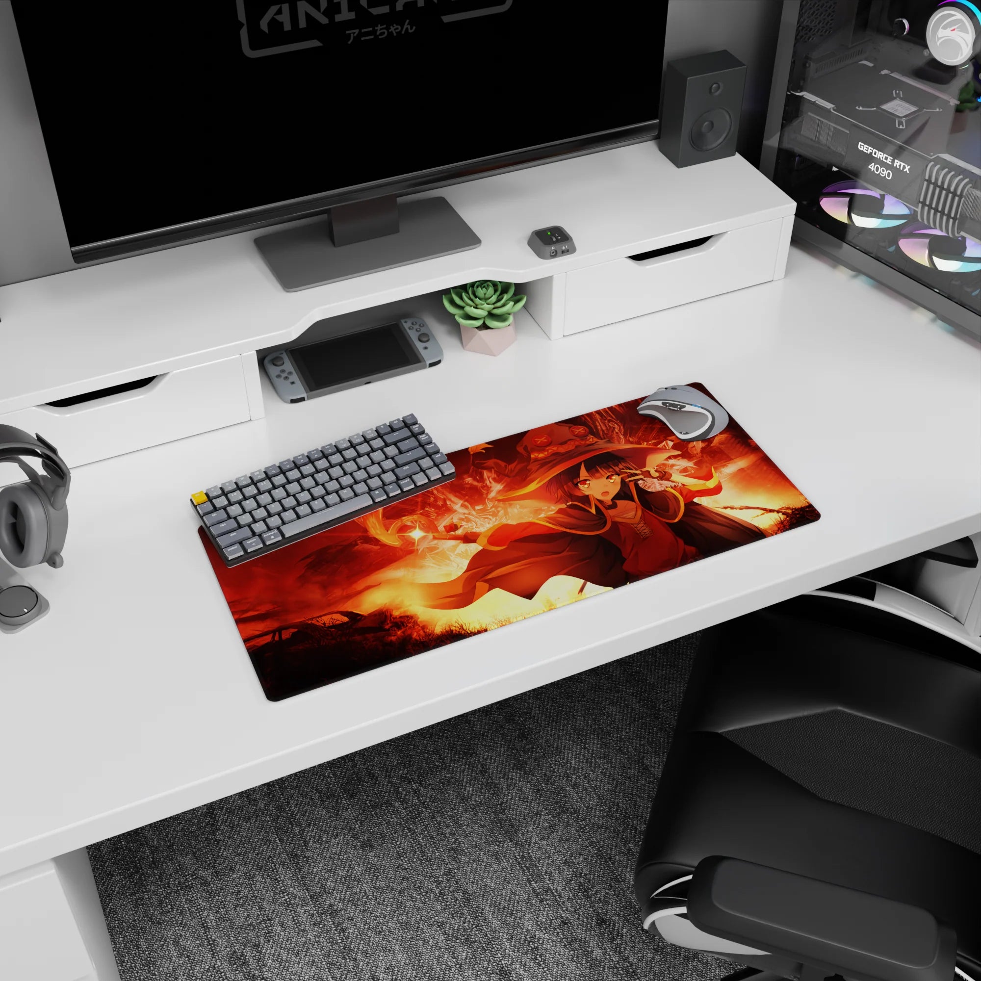Megumin mouse pad, 28x12 inches. Features fiery eyes and magic pose from KonoSuba, capturing intense pre-explosion moment.