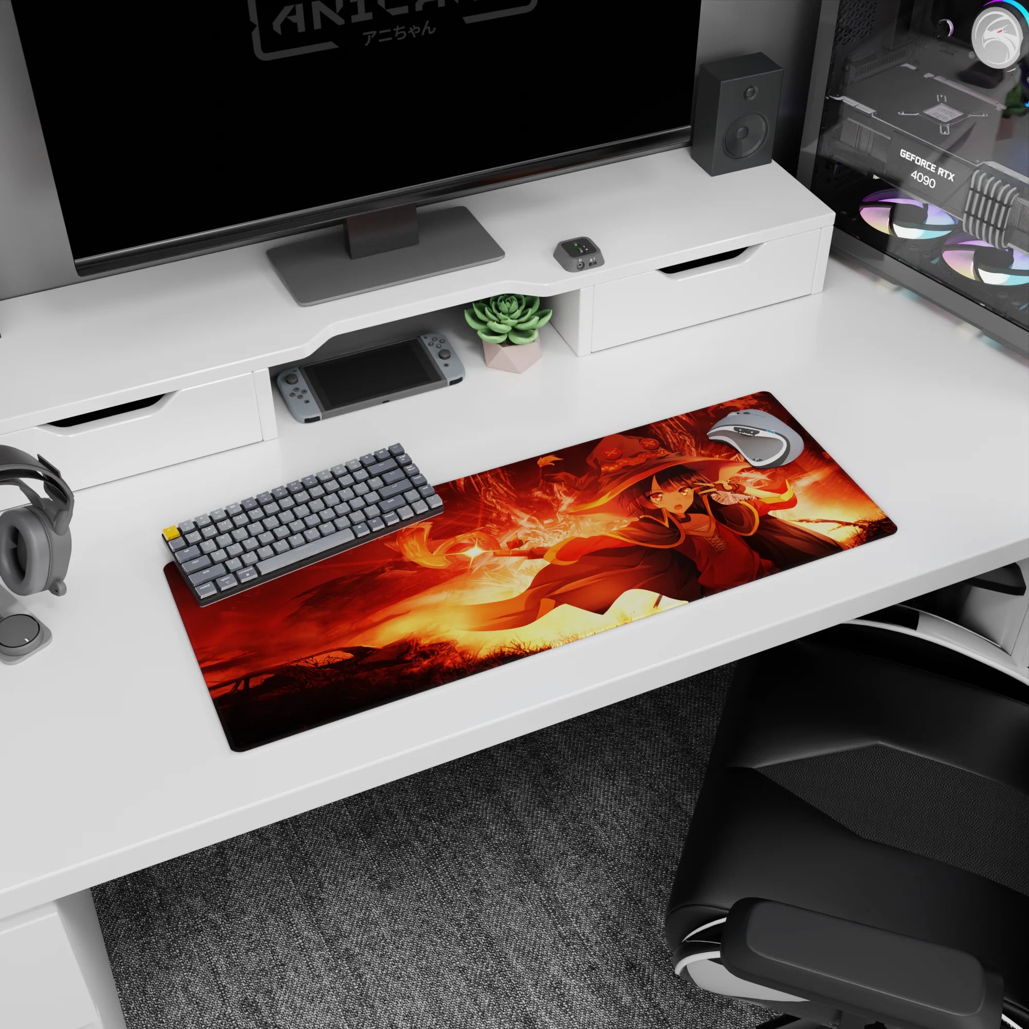 Megumin KonoSuba anime mouse pad, 32x12 inches, featuring her explosive magic pose with fiery reds and glowing golds.