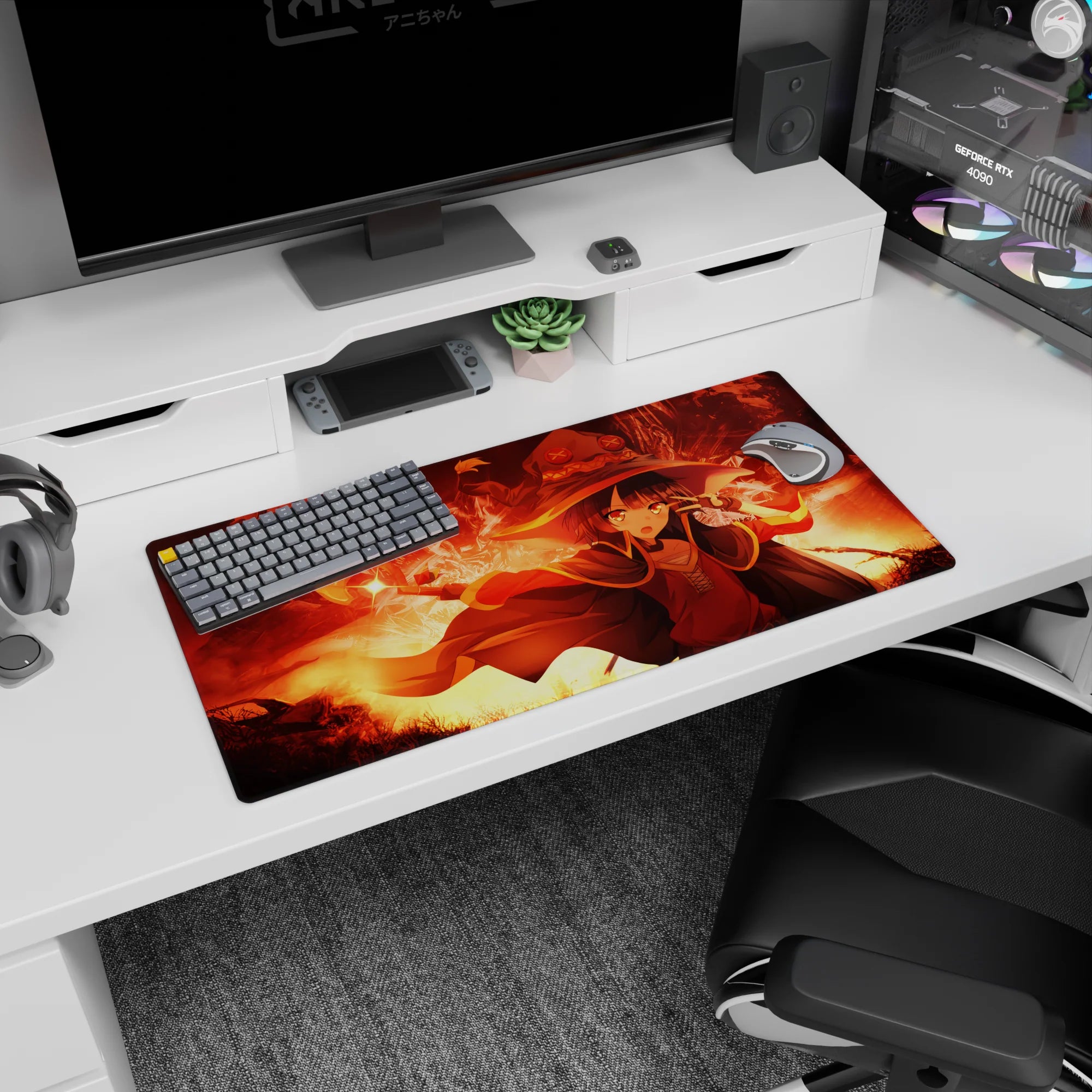 Megumin anime mouse pad 32x16 inches, depicting her explosive magic moment from KonoSuba with fiery reds and glowing golds.