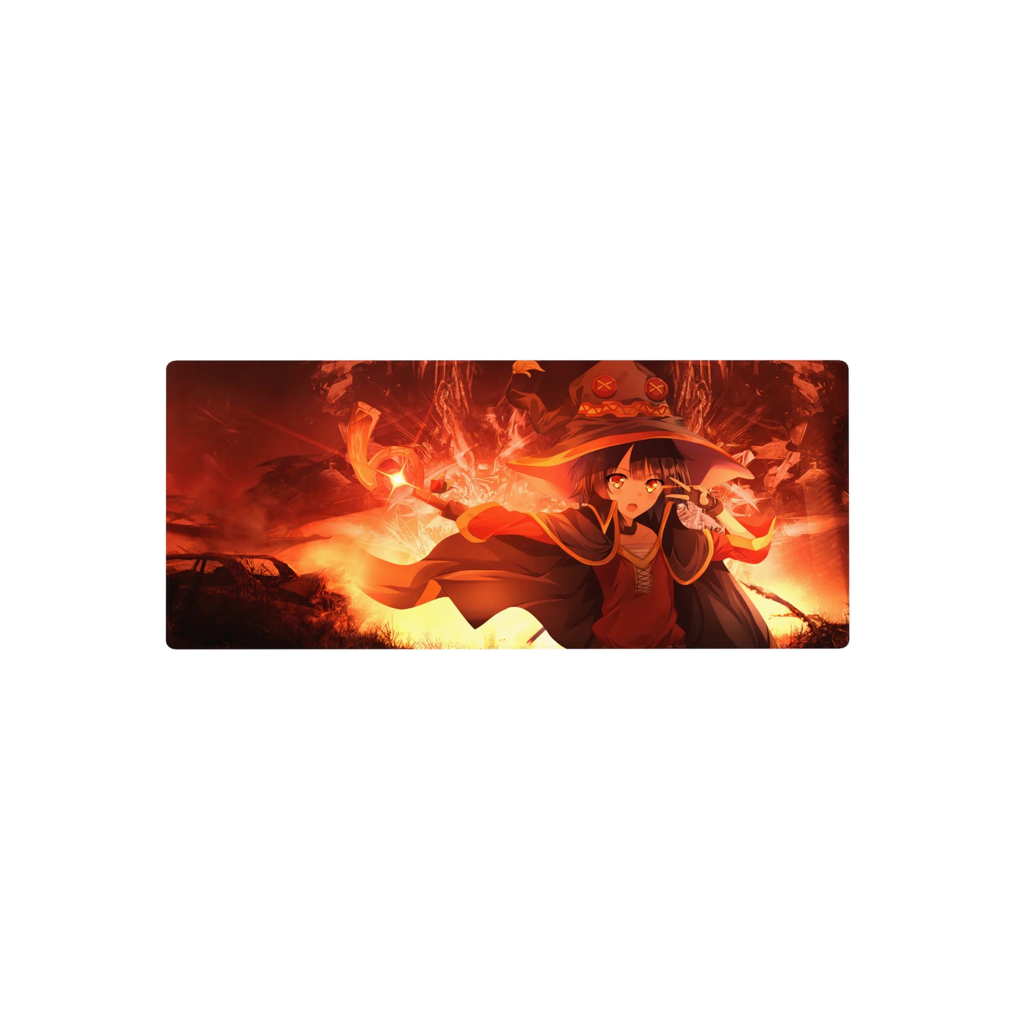 Megumin from KonoSuba unleashing her explosive magic on a 28x12 inch anime mouse pad, vibrant reds and golds.
