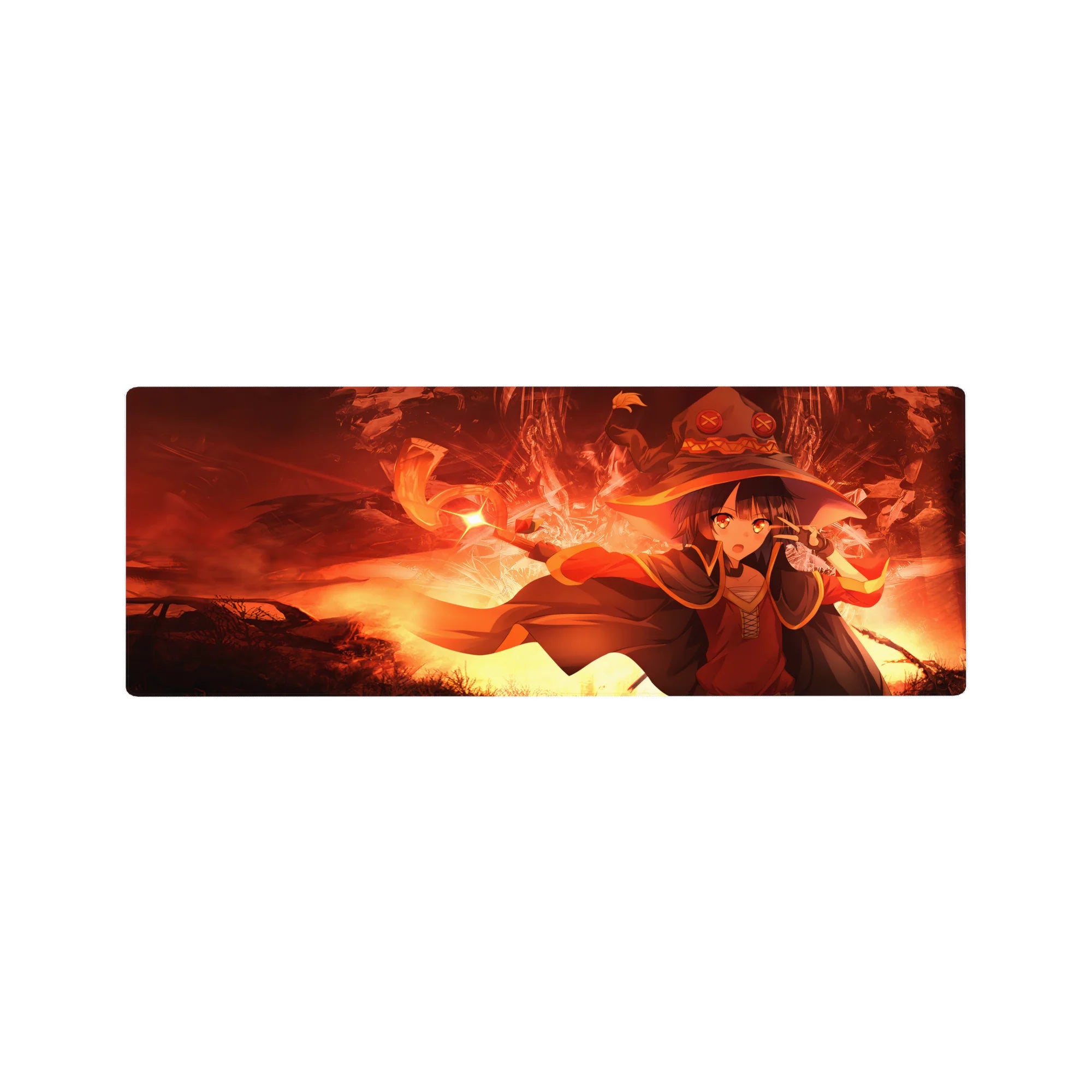 Megumin anime mouse pad 32x12 inches, KonoSuba theme with fiery reds and glowing golds, capturing her explosive magic pose.