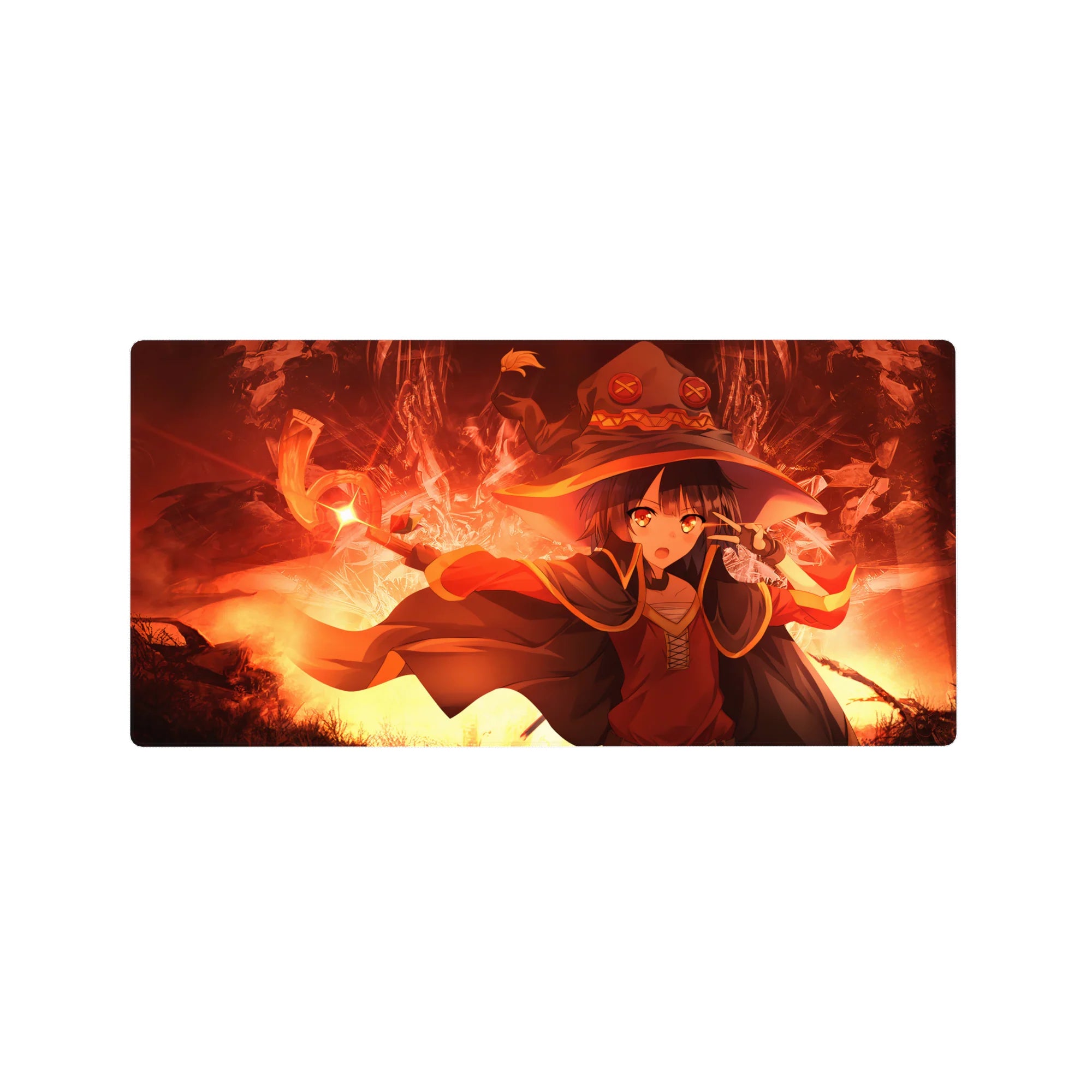 Anime mouse pad 32x16 inches featuring Megumin from KonoSuba with fiery eyes and magic pose, vibrant reds and golds.