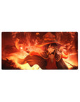 Anime mouse pad 32x16 inches featuring Megumin from KonoSuba with fiery eyes and magic pose, vibrant reds and golds.
