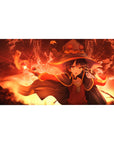 Megumin KonoSuba anime desk pad 40x20 inches, fiery scene with magic pose, cloak flaring, and vivid colors.