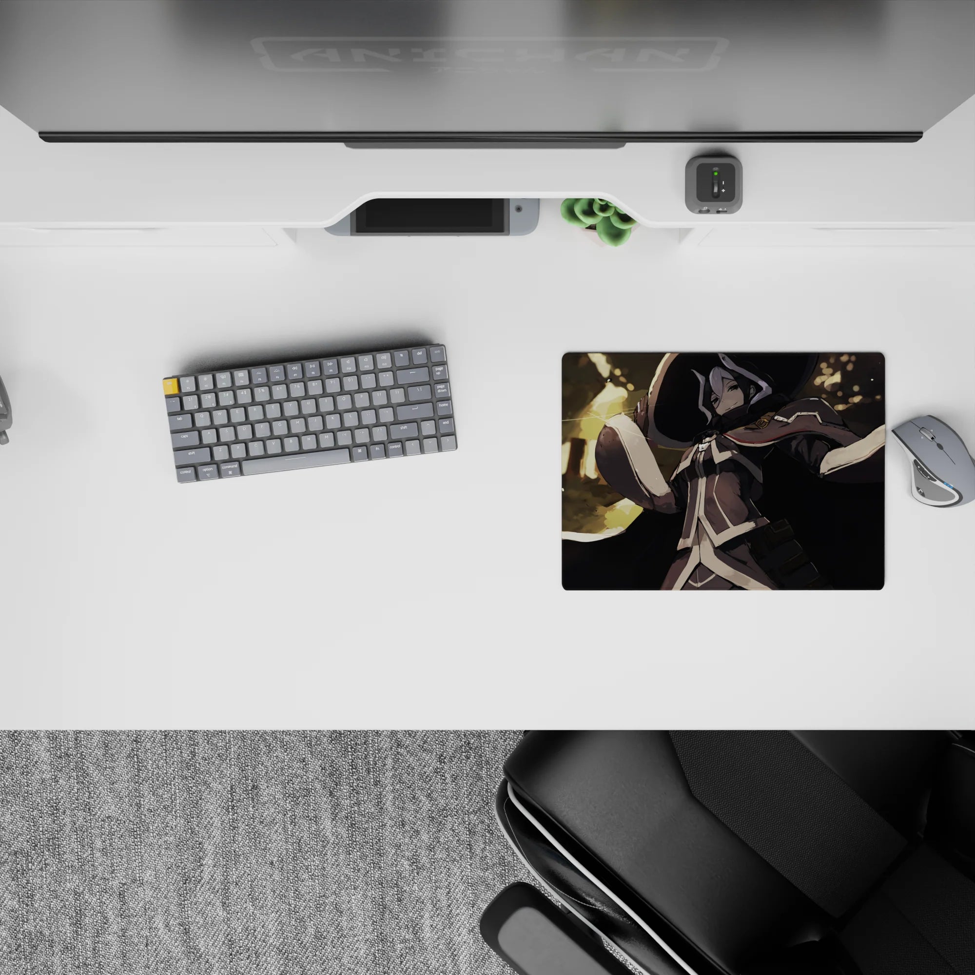 Anime mouse pad 14x10 inches in shadowy blacks and grays with cream trim, warm gold bokeh glow.