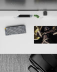 Anime mouse pad 14x10 inches in shadowy blacks and grays with cream trim, warm gold bokeh glow.