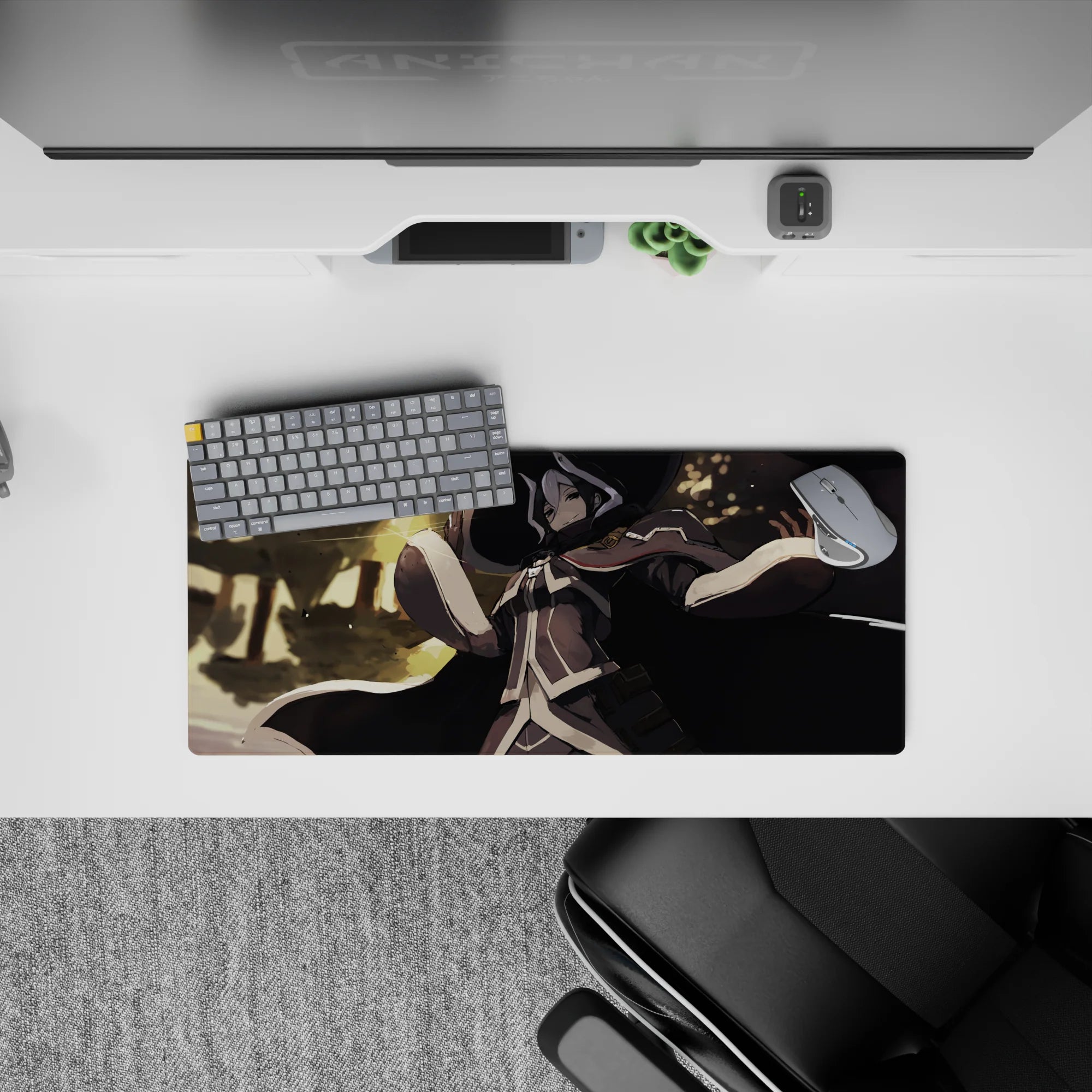 Anime mouse pad 28x12 inches in cream, gray, and inky black with warm gold bokeh, moody contrast.