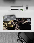 Anime mouse pad 28x12 inches in cream, gray, and inky black with warm gold bokeh, moody contrast.