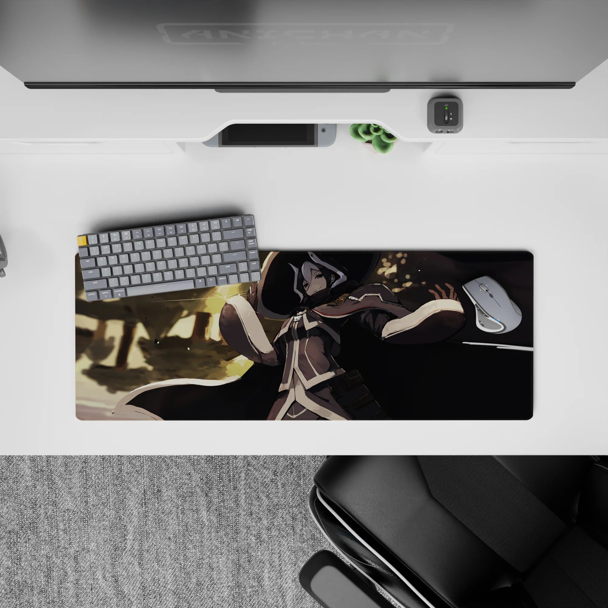 32x12 inches anime mouse pad in creamy trim and gray uniform tones with warm gold bokeh, moody glow.