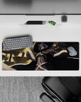 32x12 inches anime mouse pad in creamy trim and gray uniform tones with warm gold bokeh, moody glow.