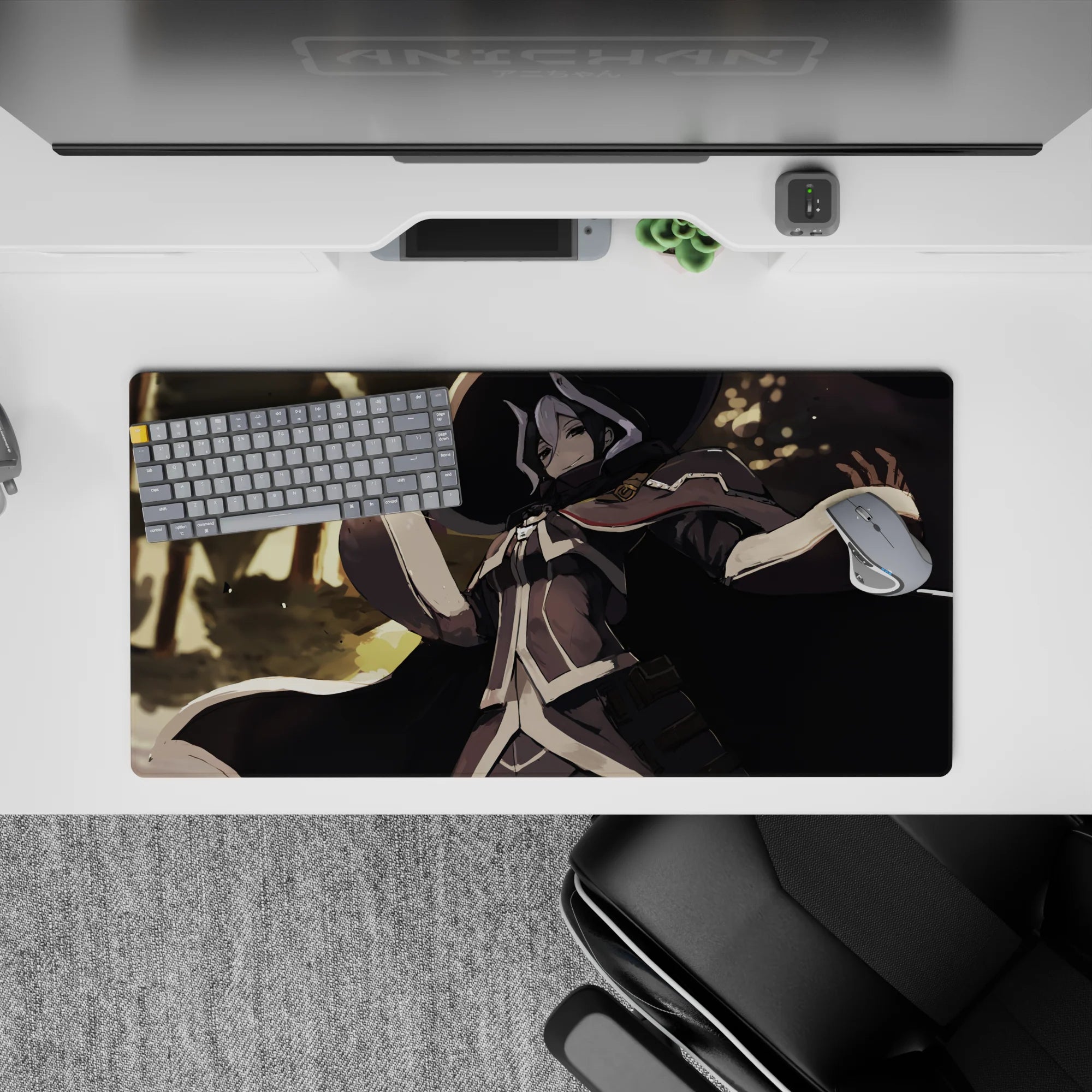 32x16 inches anime mouse pad in cream, gray, and inky black with warm gold bokeh and calm mood.