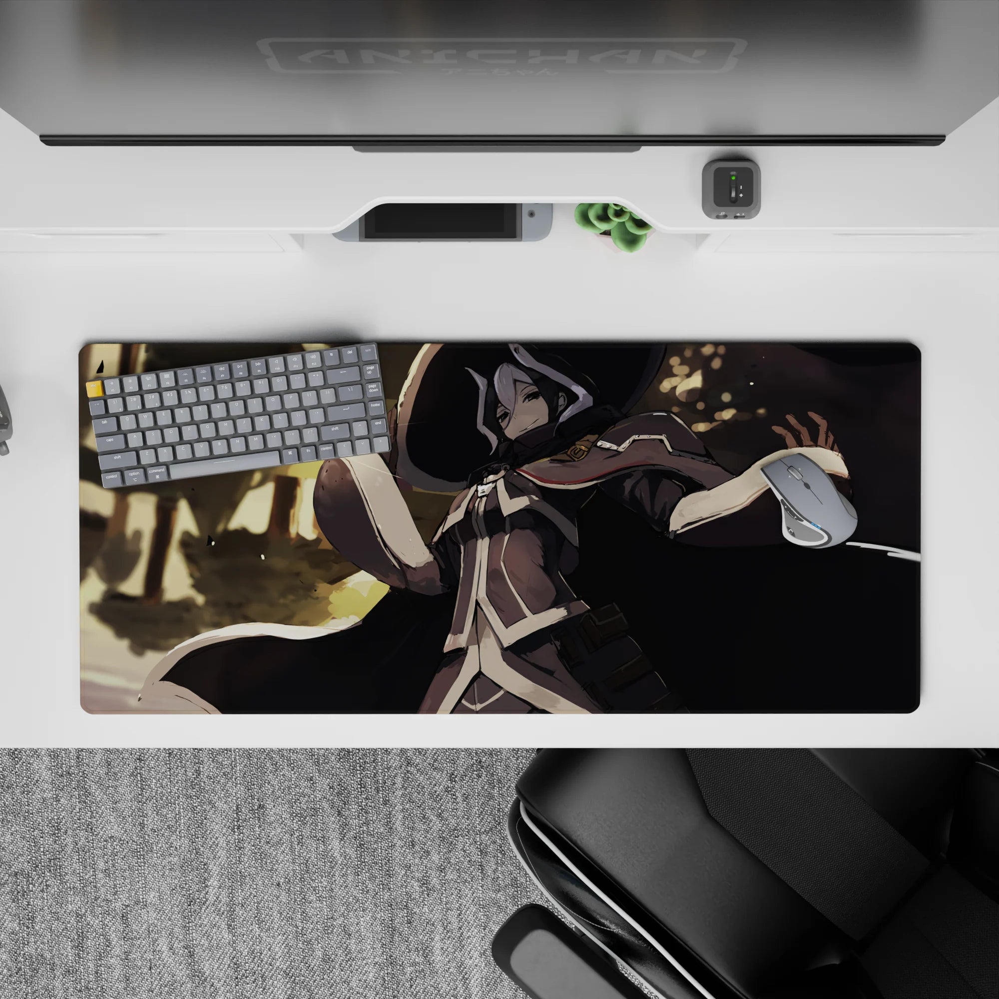 Moody 36x16 inches anime desk pad in black, cream, and gray with warm gold bokeh and soft painterly light.