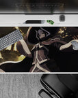 40x20 inches anime desk pad in cream, gray, and ink-black tones with warm gold bokeh, calm magical vibe.