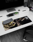 32x12 inches anime mouse pad showing a quiet witch under a shadowy hat, cloak flaring across a grove.