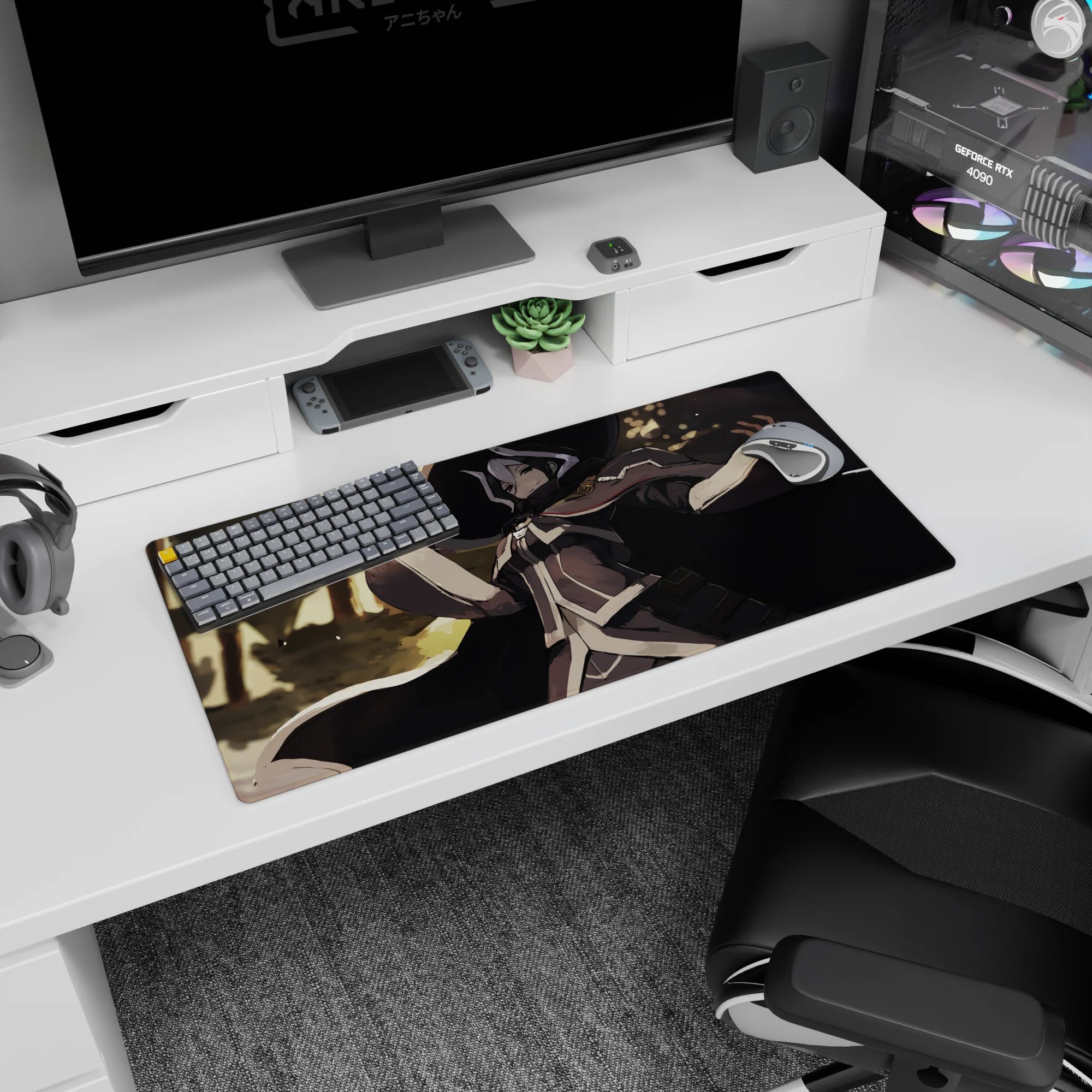 32x16 inches anime mouse pad featuring a calm mage under a shadowy hat, cloak flaring in a bright grove.