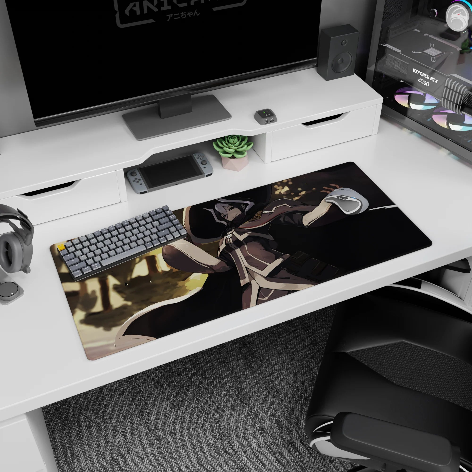 36x16 inches anime desk pad showing calm witch-like mage, cloak flaring like ink amid drifting golden sparks.