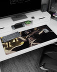 36x16 inches anime desk pad showing calm witch-like mage, cloak flaring like ink amid drifting golden sparks.