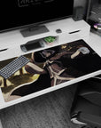 40x20 inches anime desk pad showing a calm witch in a shadowy hat and flaring cloak amid glowing forest sparks.
