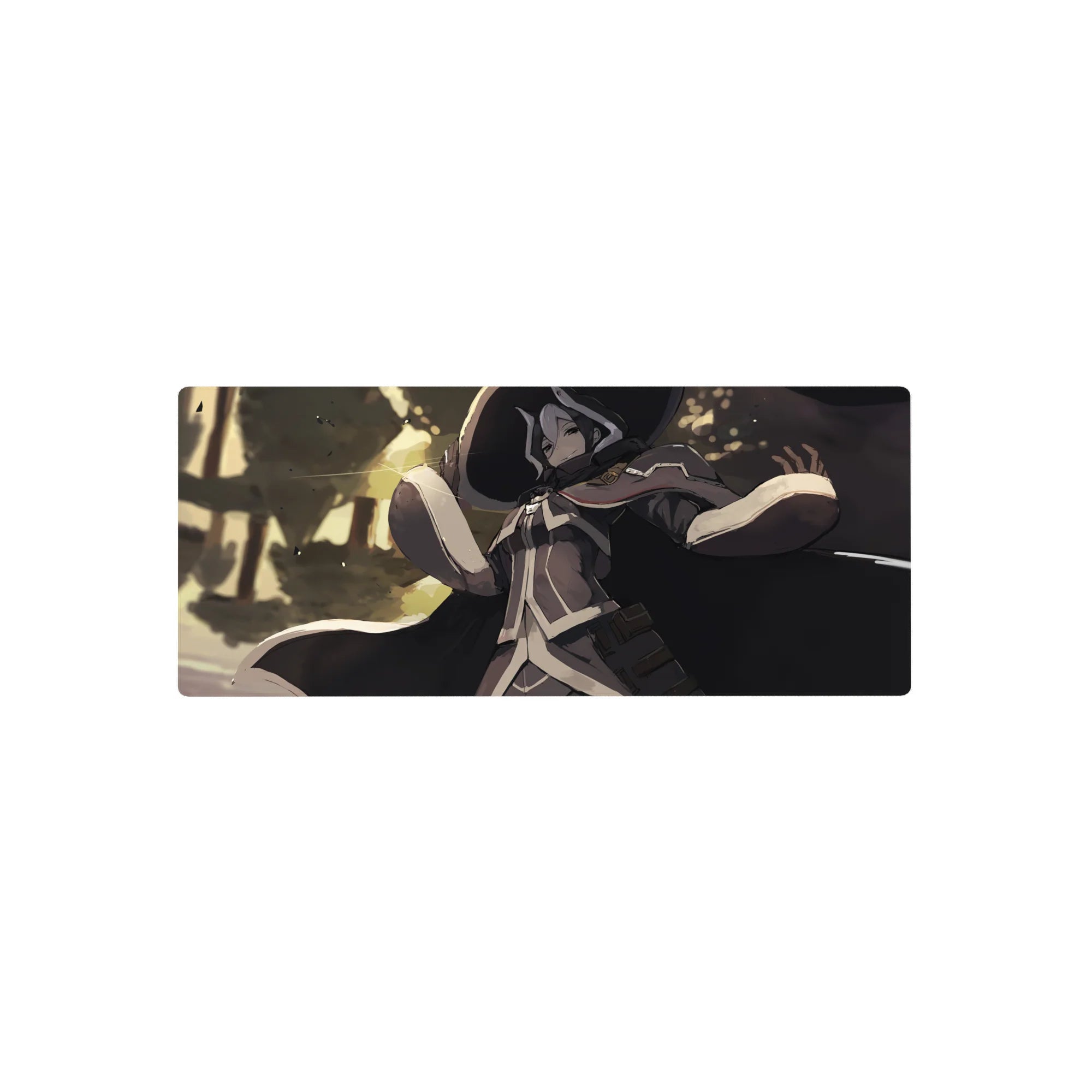 Anime mouse pad 28x12 inches with calm spellcaster in wide hat, ink-black cloak, sunlit grove.
