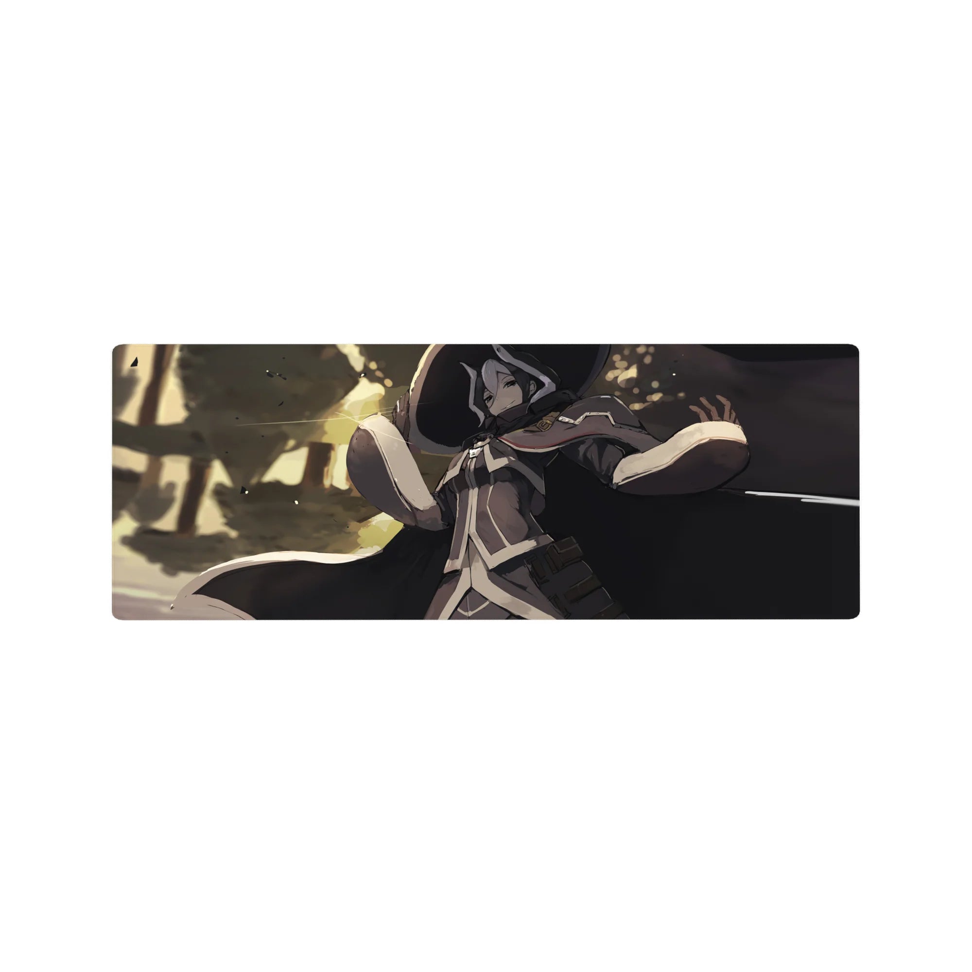 Anime mouse pad 32x12 inches with calm spellcaster in wide hat, ink-black cloak, sunlit grove.