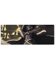 Anime mouse pad 32x12 inches with calm spellcaster in wide hat, ink-black cloak, sunlit grove.