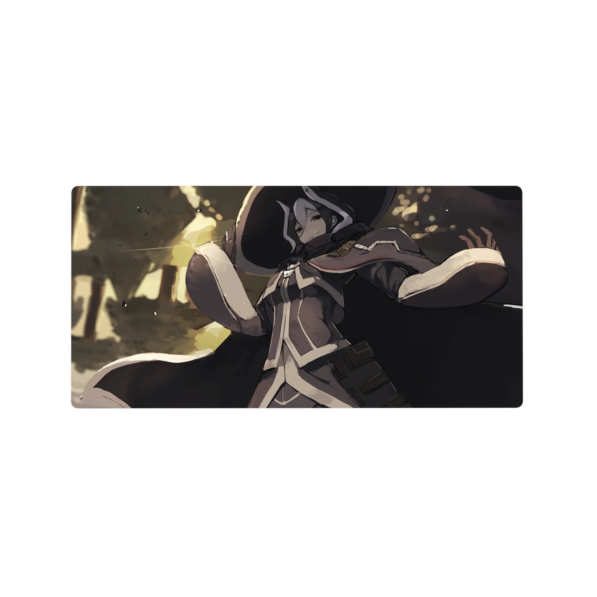 32x16 inches anime mouse pad with a spellcaster in a wide hat, ink cloak, and sunlit grove bokeh.