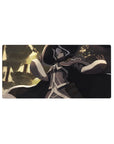 32x16 inches anime mouse pad with a spellcaster in a wide hat, ink cloak, and sunlit grove bokeh.