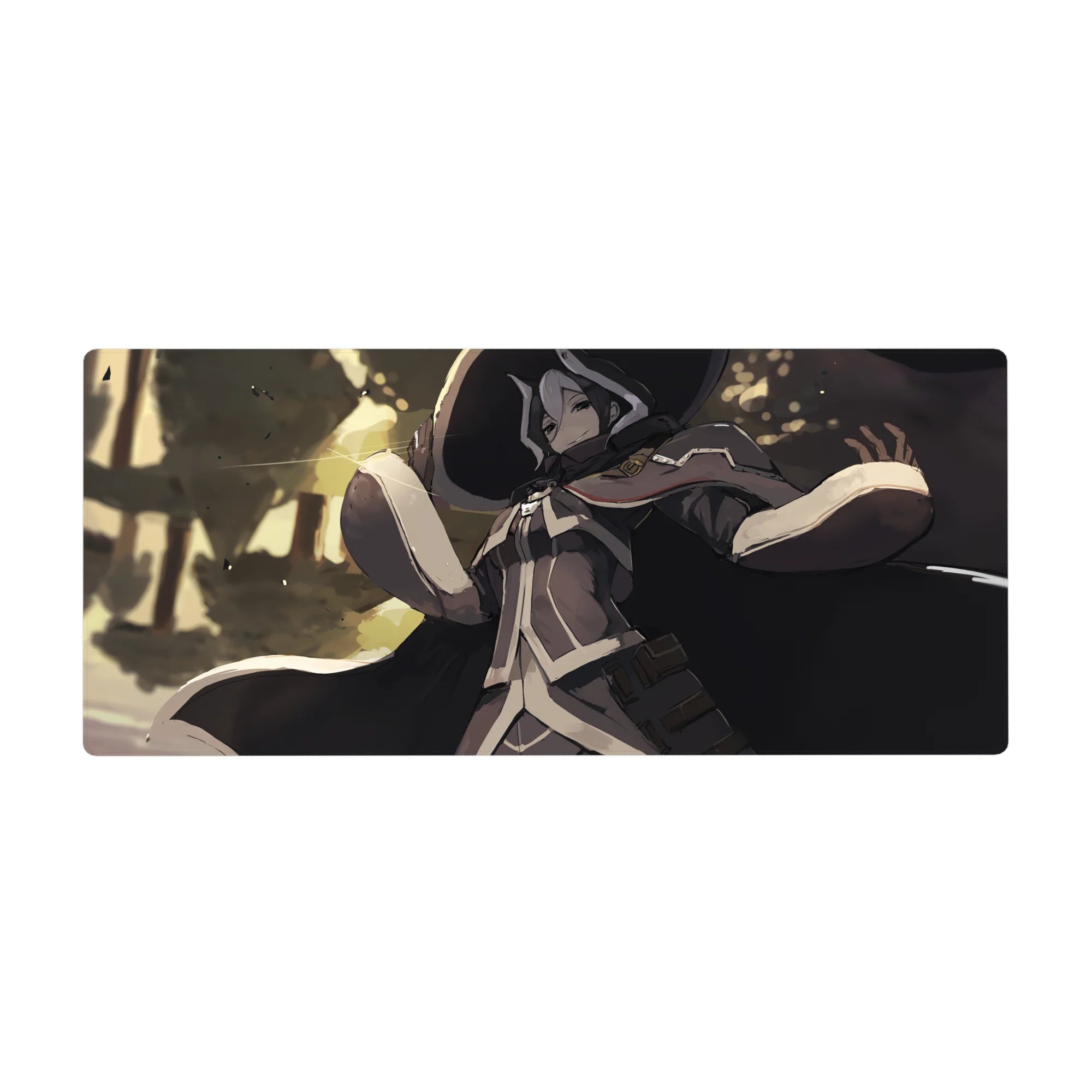 Anime desk pad 36x16 inches with spellcaster in wide hat, ink-black cloak, and sunlit grove backdrop.