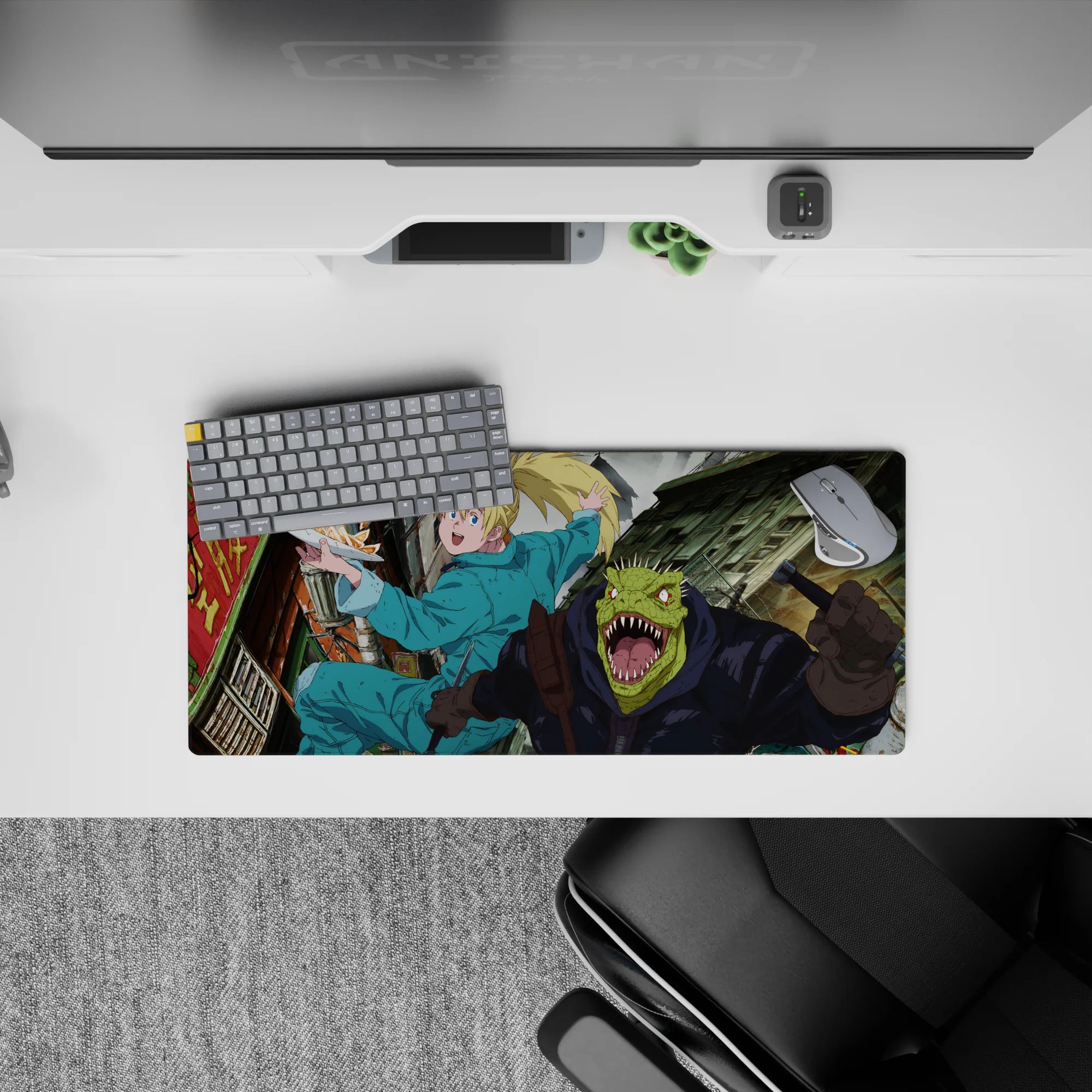 28x12 inches anime mouse pad in bright chaotic neon tones, speed lines and gritty street textures.