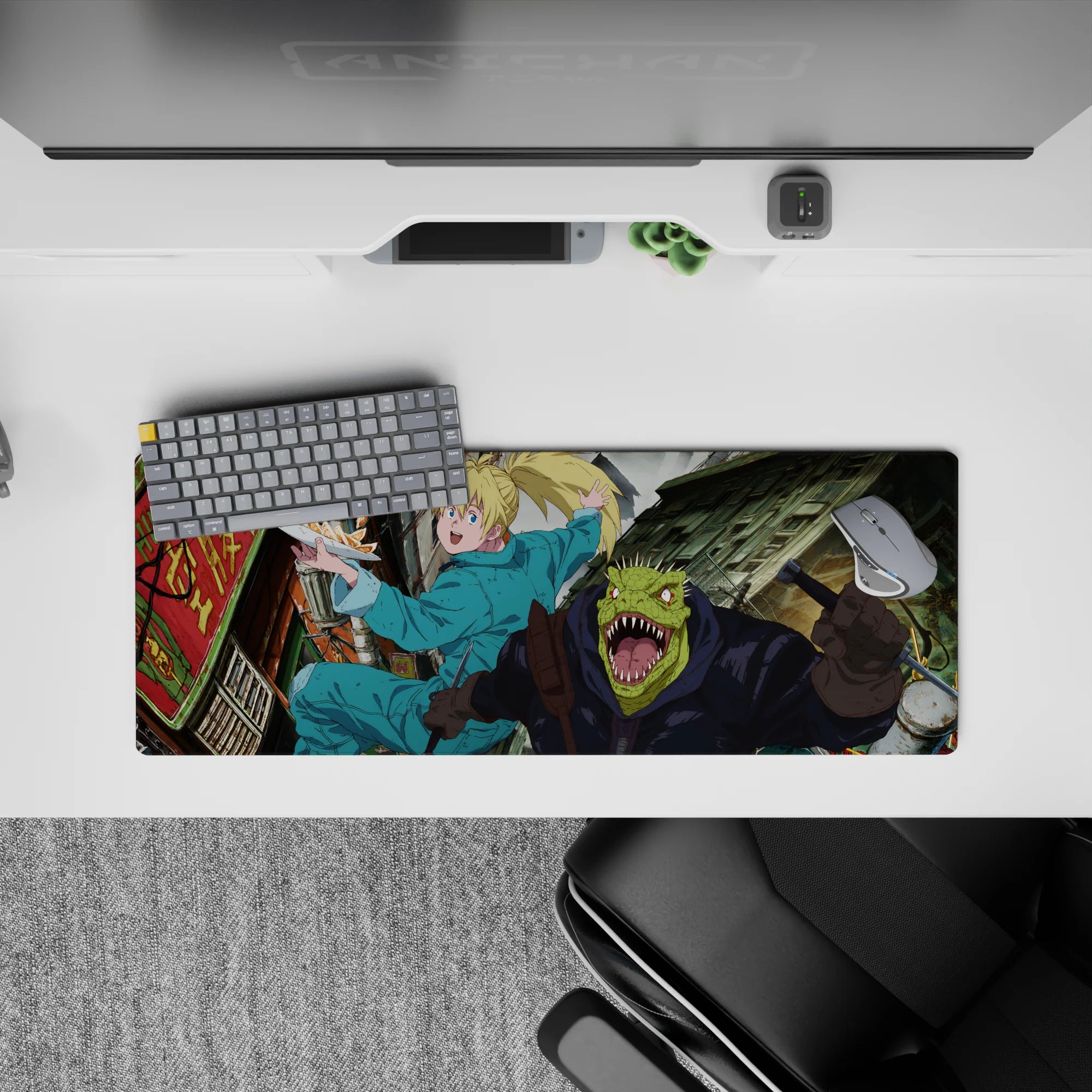 32x12 inches anime mouse pad in bright chaotic neon tones, speed lines and gritty street textures.