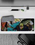 32x12 inches anime mouse pad in bright chaotic neon tones, speed lines and gritty street textures.