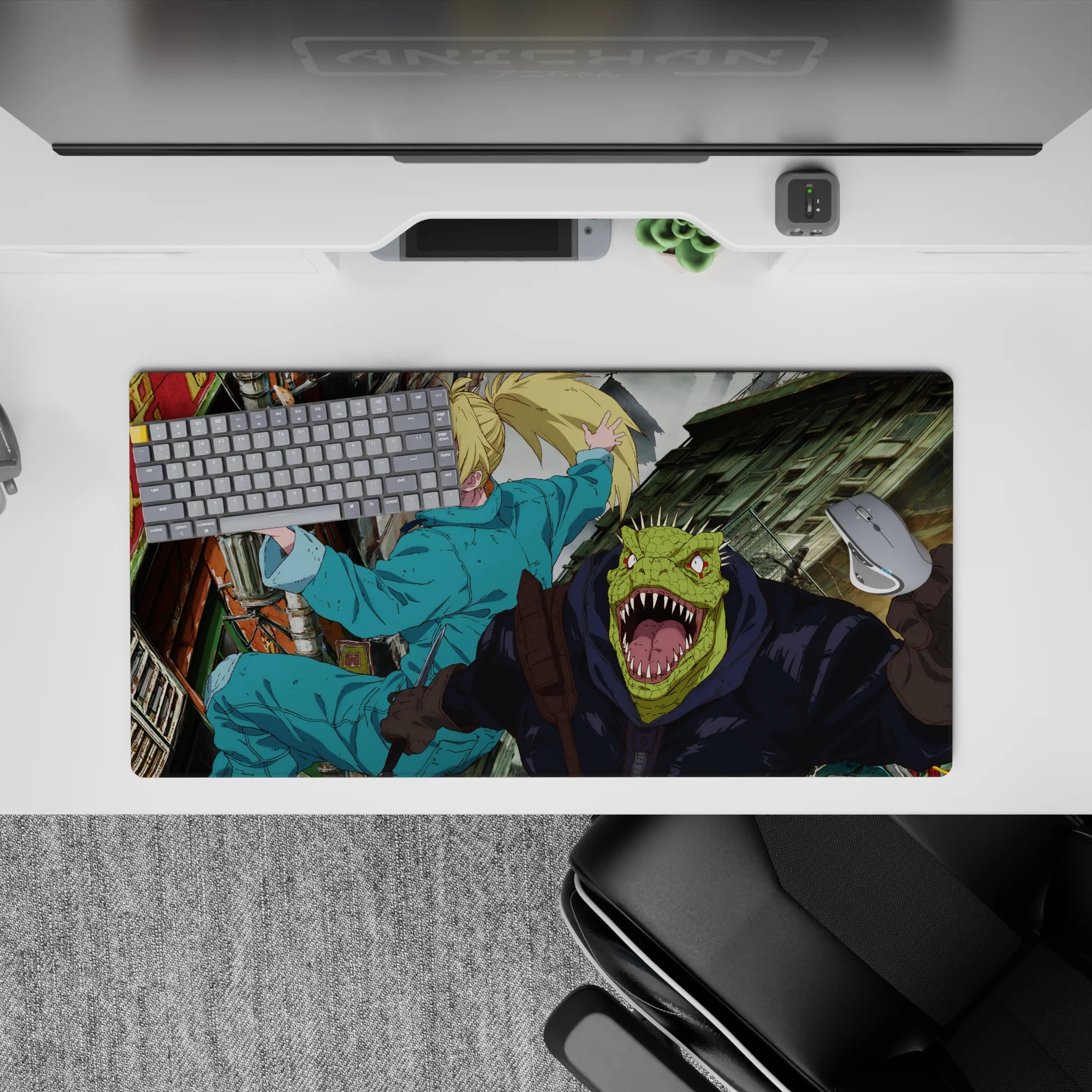 32x16 inches anime mouse pad in punchy teal and dark tones, bright chaos mood with gritty alley textures.