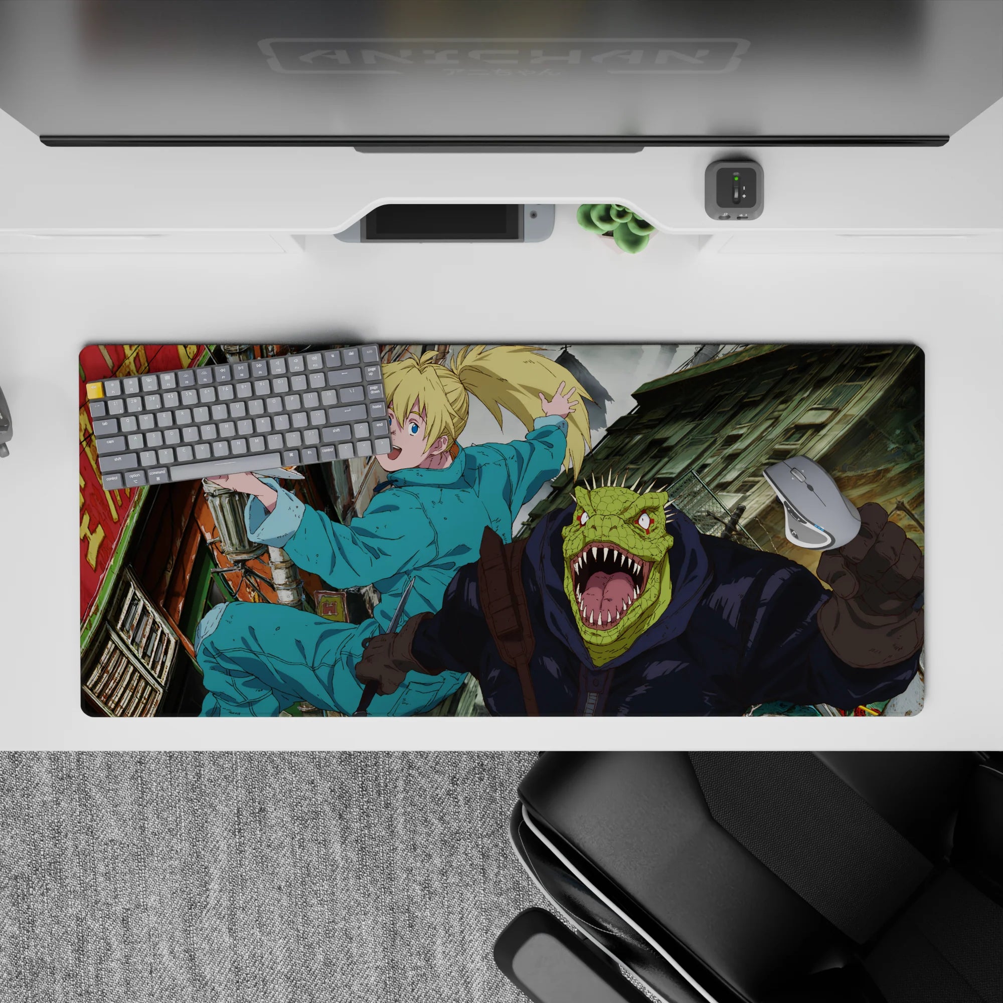 Punchy teal and neon contrast anime desk pad 36x16 inches, bright chaos with gritty speed lines.