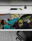 Punchy teal and neon contrast anime desk pad 36x16 inches, bright chaos with gritty speed lines.