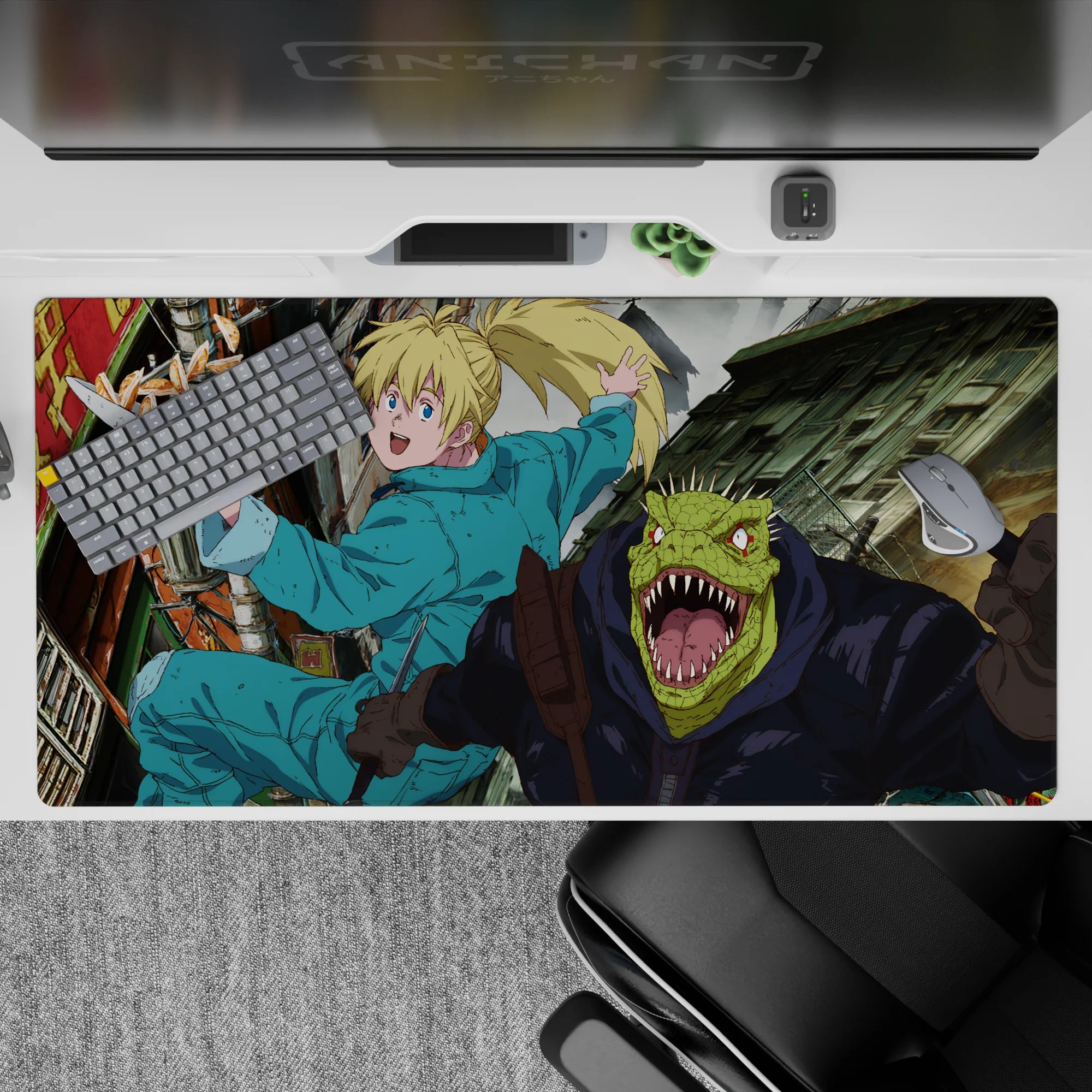 40x20 inches anime desk pad in teal, neon, and gritty dark tones, bright chaotic street vibe.